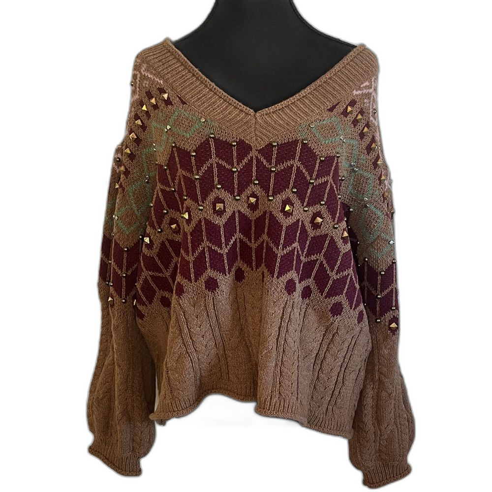 POL Gold Studded Sweater Brown Tan Burgundy Cable Knit V Neck Size Small